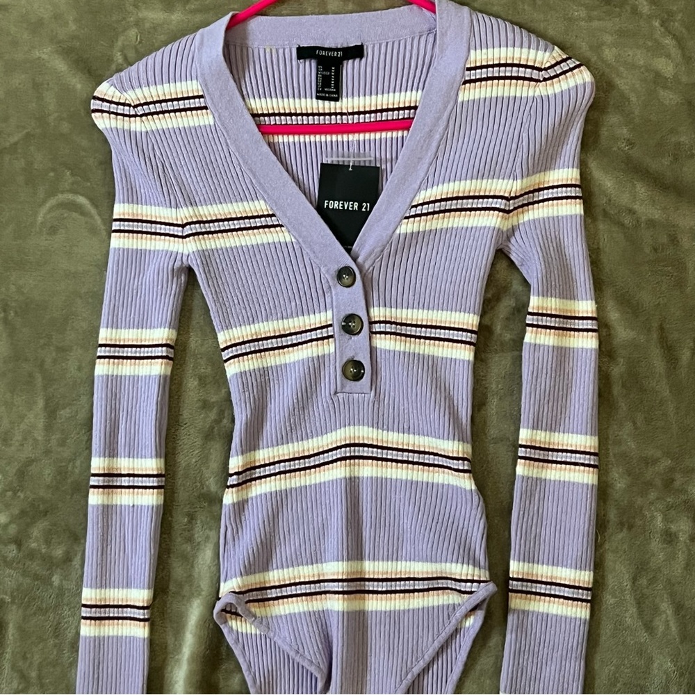 FOREVER 21 STRIPPED RIBBED SWEATER BODYSUIT